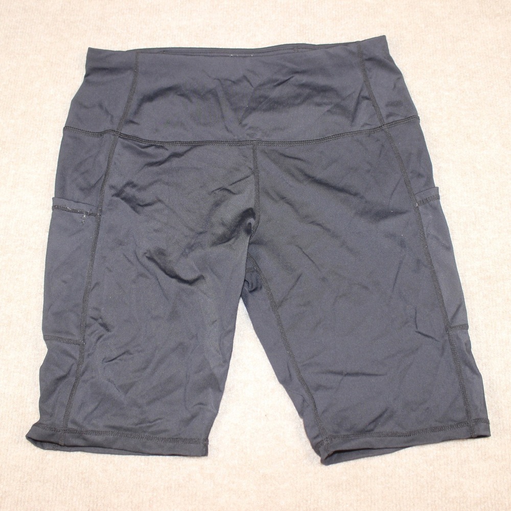 Oalka Womens Black High Waisted Biker Shorts with Pockets Size L Athletic Yoga